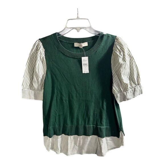 Loft Striped Layered Mixed Media Poplin Short Sleeve Blouse Green Cotton Small - Picture 1 of 6